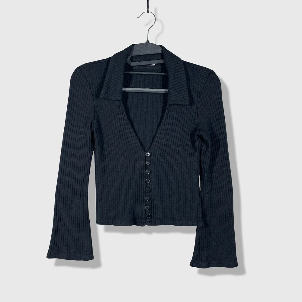 Reformation Ribbed Cardigan Womens S Black Minimalist Office Siren Quiet Luxury